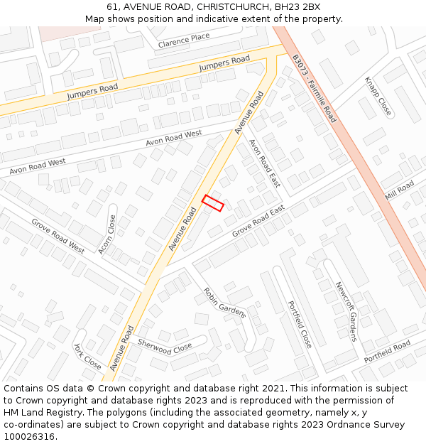 61, AVENUE ROAD, CHRISTCHURCH, BH23 2BX: Location map and indicative extent of plot