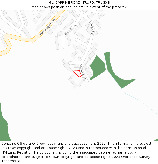 61, CARRINE ROAD, TRURO, TR1 3XB: Location map and indicative extent of plot