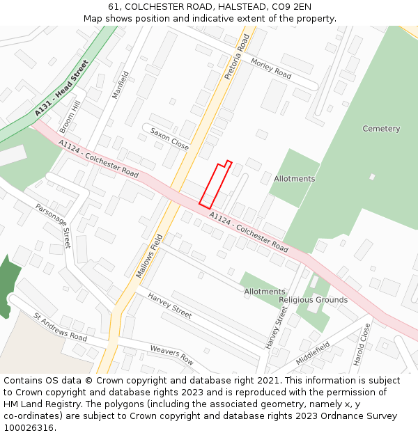 61, COLCHESTER ROAD, HALSTEAD, CO9 2EN: Location map and indicative extent of plot