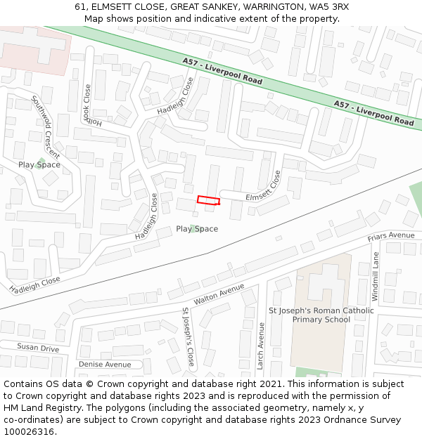 61, ELMSETT CLOSE, GREAT SANKEY, WARRINGTON, WA5 3RX: Location map and indicative extent of plot