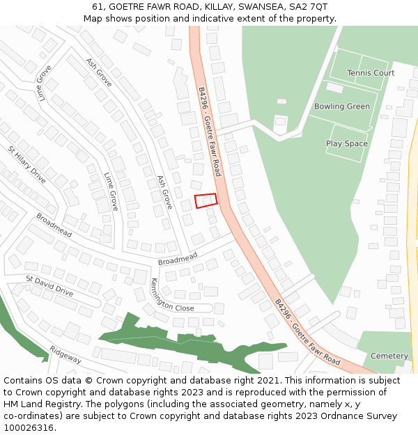 61, GOETRE FAWR ROAD, KILLAY, SWANSEA, SA2 7QT: Location map and indicative extent of plot