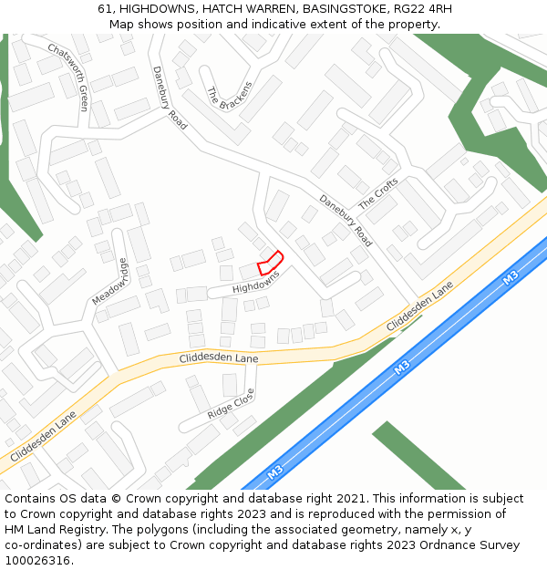 61, HIGHDOWNS, HATCH WARREN, BASINGSTOKE, RG22 4RH: Location map and indicative extent of plot