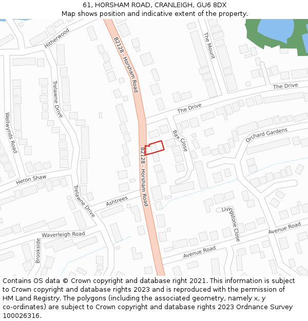 61, HORSHAM ROAD, CRANLEIGH, GU6 8DX: Location map and indicative extent of plot