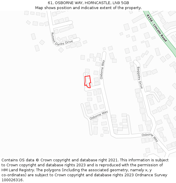 61, OSBORNE WAY, HORNCASTLE, LN9 5GB: Location map and indicative extent of plot