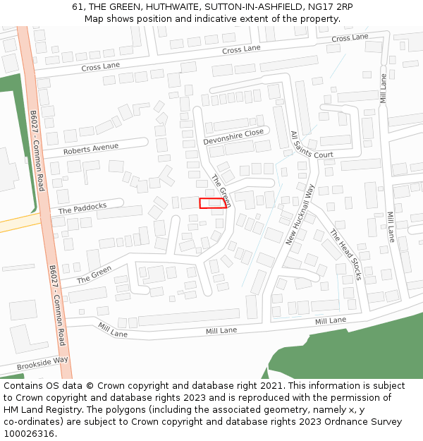 61, THE GREEN, HUTHWAITE, SUTTON-IN-ASHFIELD, NG17 2RP: Location map and indicative extent of plot