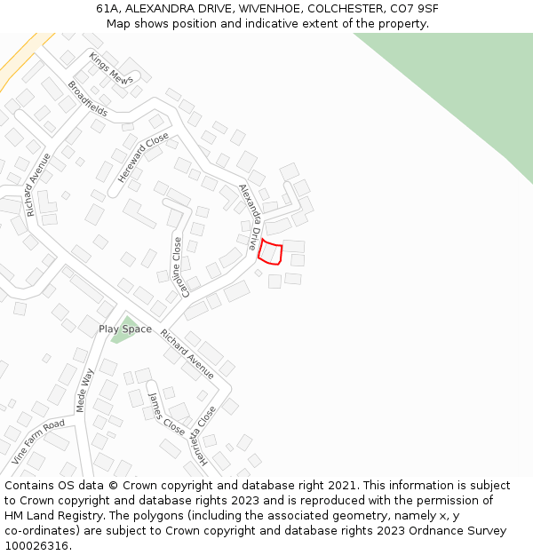 61A, ALEXANDRA DRIVE, WIVENHOE, COLCHESTER, CO7 9SF: Location map and indicative extent of plot