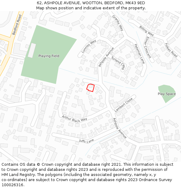 62, ASHPOLE AVENUE, WOOTTON, BEDFORD, MK43 9ED: Location map and indicative extent of plot