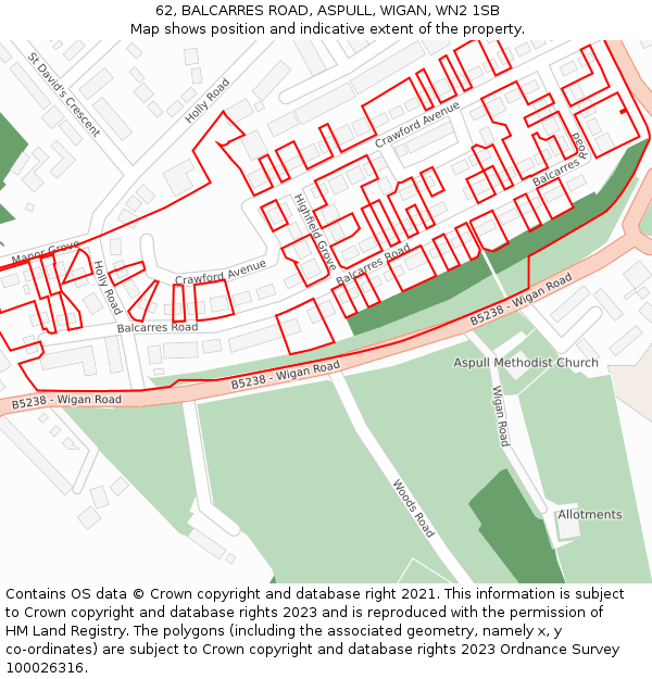 62, BALCARRES ROAD, ASPULL, WIGAN, WN2 1SB: Location map and indicative extent of plot