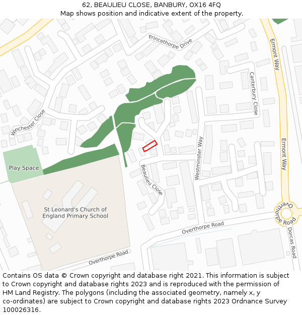 62, BEAULIEU CLOSE, BANBURY, OX16 4FQ: Location map and indicative extent of plot