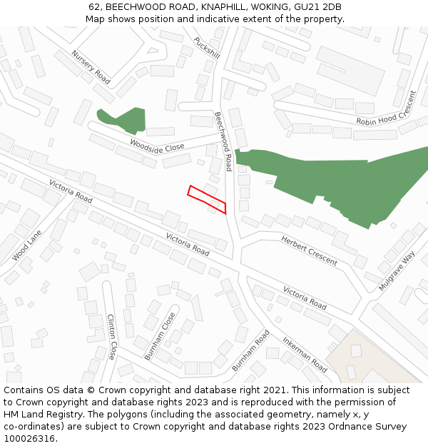 62, BEECHWOOD ROAD, KNAPHILL, WOKING, GU21 2DB: Location map and indicative extent of plot