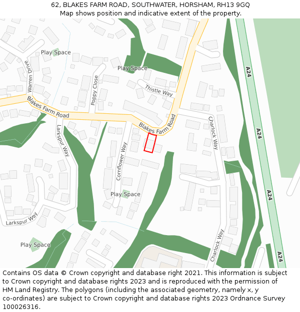 62, BLAKES FARM ROAD, SOUTHWATER, HORSHAM, RH13 9GQ: Location map and indicative extent of plot