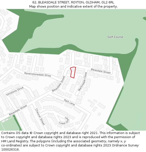 62, BLEASDALE STREET, ROYTON, OLDHAM, OL2 6RL: Location map and indicative extent of plot