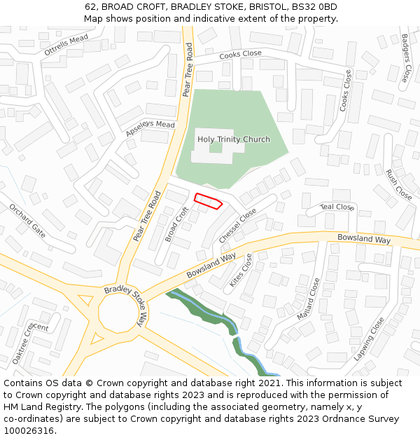 62, BROAD CROFT, BRADLEY STOKE, BRISTOL, BS32 0BD: Location map and indicative extent of plot