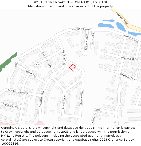 62, BUTTERCUP WAY, NEWTON ABBOT, TQ12 1GT: Location map and indicative extent of plot