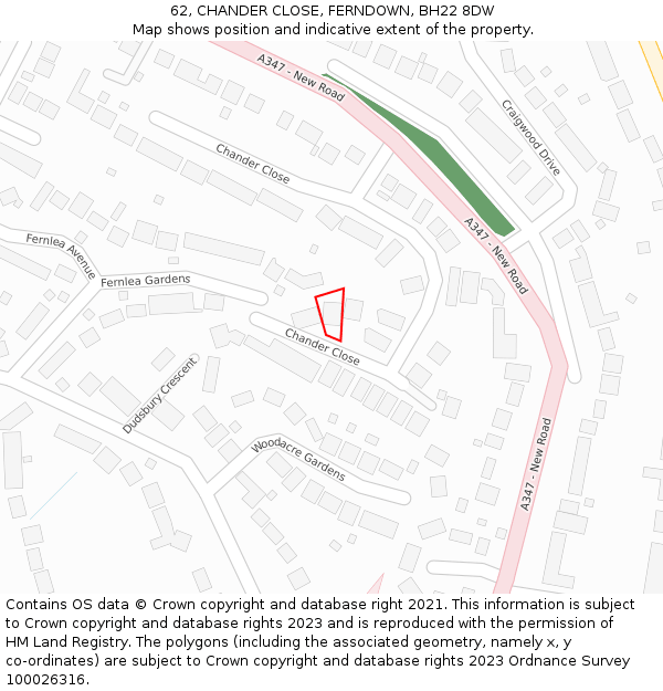 62, CHANDER CLOSE, FERNDOWN, BH22 8DW: Location map and indicative extent of plot