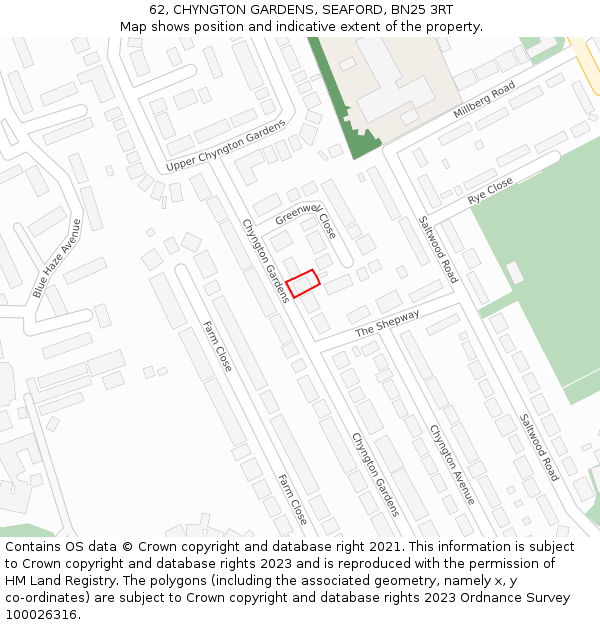 62, CHYNGTON GARDENS, SEAFORD, BN25 3RT: Location map and indicative extent of plot