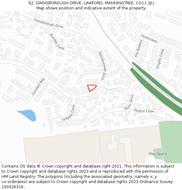 62, GAINSBOROUGH DRIVE, LAWFORD, MANNINGTREE, CO11 2JU: Location map and indicative extent of plot