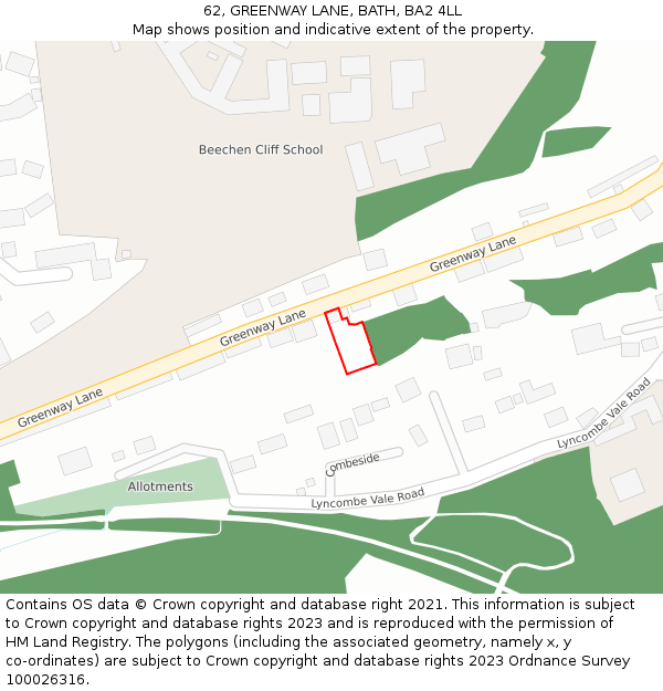 62, GREENWAY LANE, BATH, BA2 4LL: Location map and indicative extent of plot