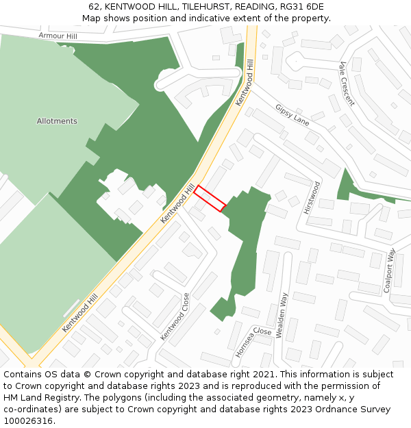 62, KENTWOOD HILL, TILEHURST, READING, RG31 6DE: Location map and indicative extent of plot