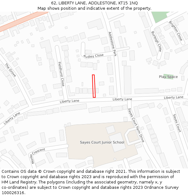 62, LIBERTY LANE, ADDLESTONE, KT15 1NQ: Location map and indicative extent of plot