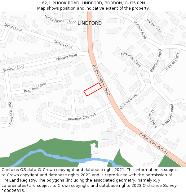 62, LIPHOOK ROAD, LINDFORD, BORDON, GU35 0PN: Location map and indicative extent of plot