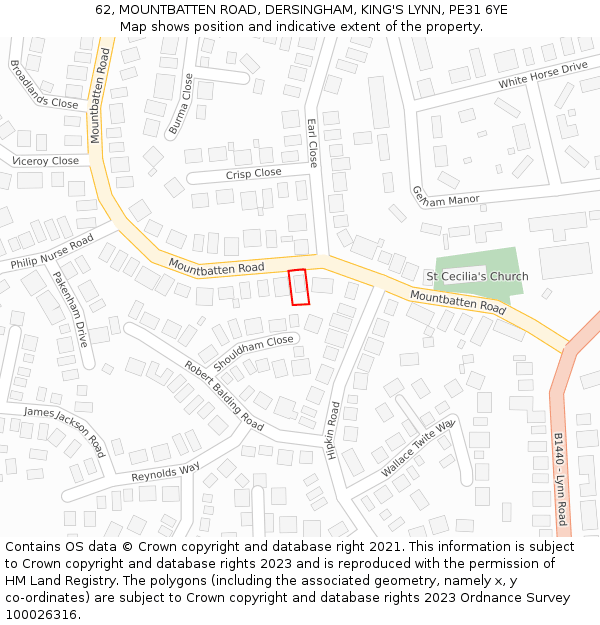 62, MOUNTBATTEN ROAD, DERSINGHAM, KING'S LYNN, PE31 6YE: Location map and indicative extent of plot