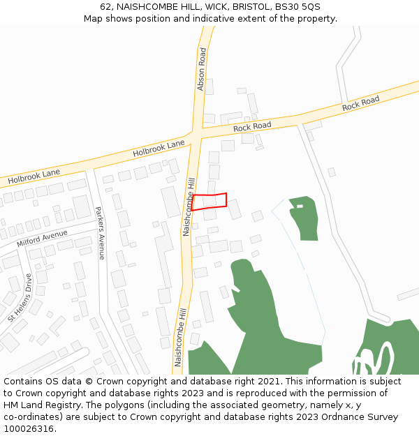 62, NAISHCOMBE HILL, WICK, BRISTOL, BS30 5QS: Location map and indicative extent of plot