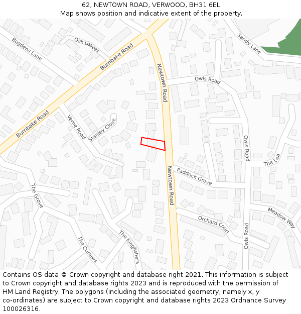 62, NEWTOWN ROAD, VERWOOD, BH31 6EL: Location map and indicative extent of plot