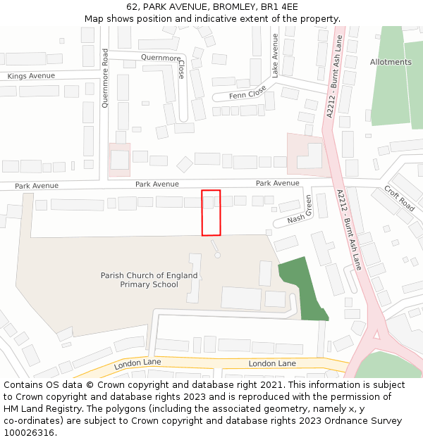 62, PARK AVENUE, BROMLEY, BR1 4EE: Location map and indicative extent of plot