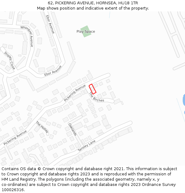 62, PICKERING AVENUE, HORNSEA, HU18 1TR: Location map and indicative extent of plot