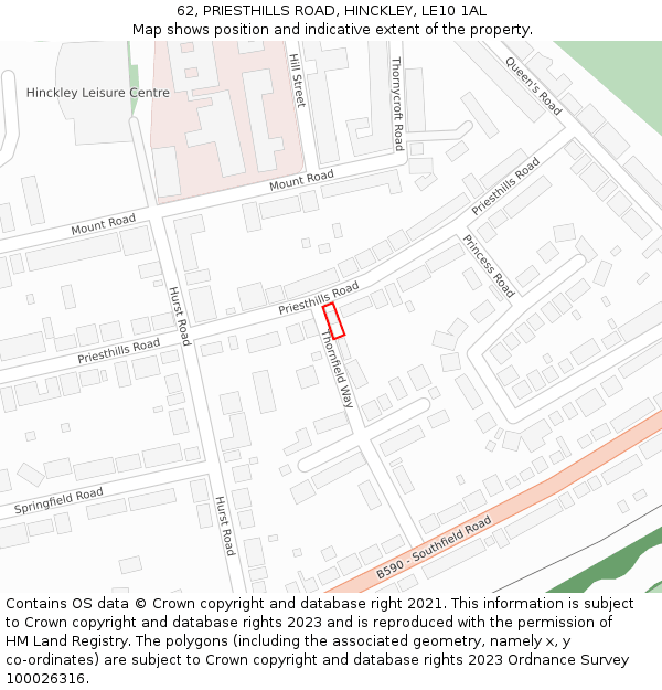 62, PRIESTHILLS ROAD, HINCKLEY, LE10 1AL: Location map and indicative extent of plot