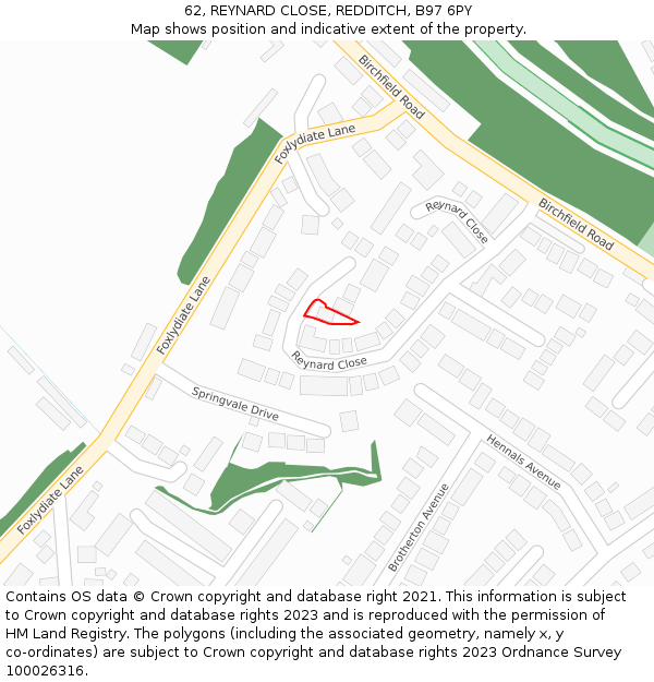 62, REYNARD CLOSE, REDDITCH, B97 6PY: Location map and indicative extent of plot