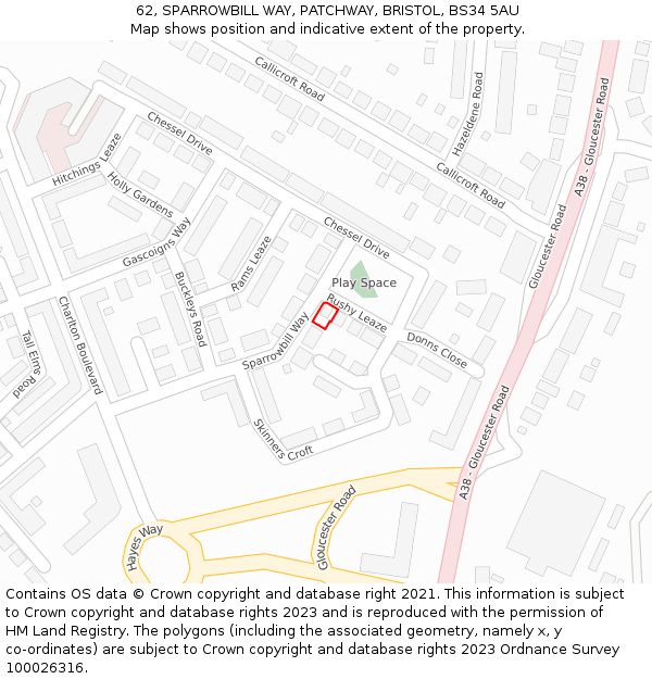 62, SPARROWBILL WAY, PATCHWAY, BRISTOL, BS34 5AU: Location map and indicative extent of plot