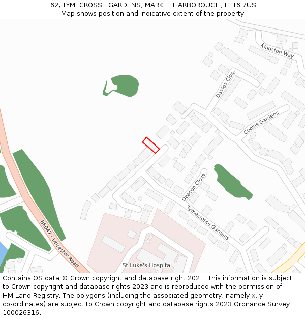 62, TYMECROSSE GARDENS, MARKET HARBOROUGH, LE16 7US: Location map and indicative extent of plot