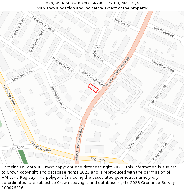 628, WILMSLOW ROAD, MANCHESTER, M20 3QX: Location map and indicative extent of plot