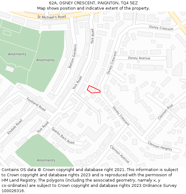 62A, OSNEY CRESCENT, PAIGNTON, TQ4 5EZ: Location map and indicative extent of plot