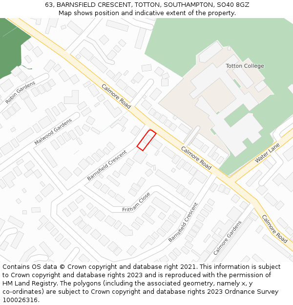 63, BARNSFIELD CRESCENT, TOTTON, SOUTHAMPTON, SO40 8GZ: Location map and indicative extent of plot