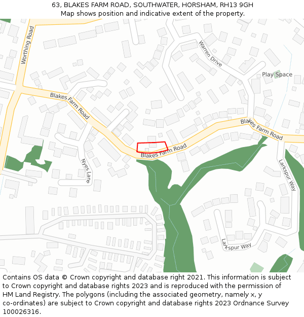 63, BLAKES FARM ROAD, SOUTHWATER, HORSHAM, RH13 9GH: Location map and indicative extent of plot