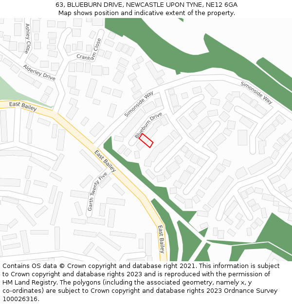 63, BLUEBURN DRIVE, NEWCASTLE UPON TYNE, NE12 6GA: Location map and indicative extent of plot