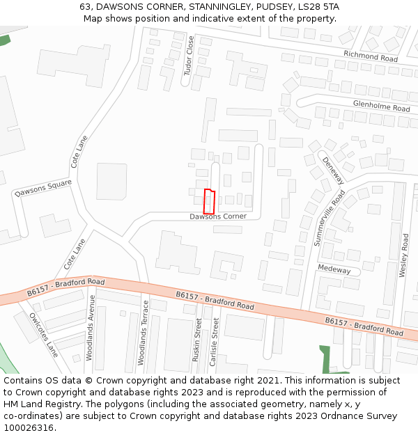 63, DAWSONS CORNER, STANNINGLEY, PUDSEY, LS28 5TA: Location map and indicative extent of plot