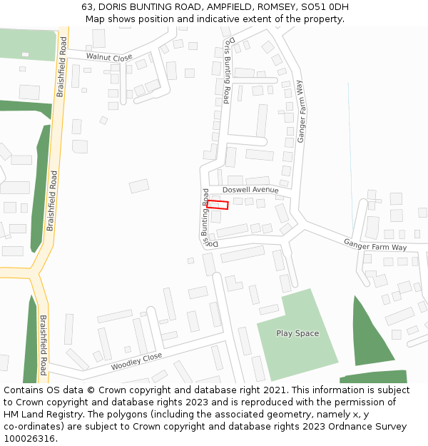 63, DORIS BUNTING ROAD, AMPFIELD, ROMSEY, SO51 0DH: Location map and indicative extent of plot