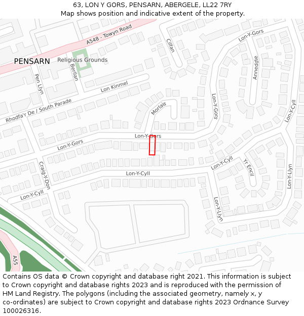 63, LON Y GORS, PENSARN, ABERGELE, LL22 7RY: Location map and indicative extent of plot