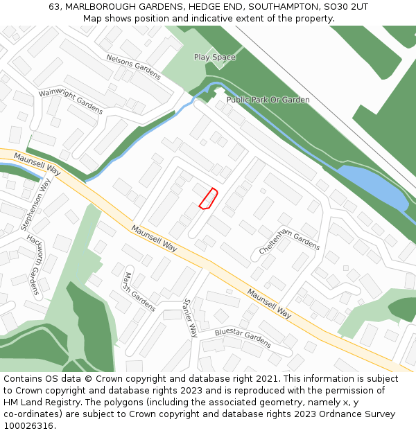 63, MARLBOROUGH GARDENS, HEDGE END, SOUTHAMPTON, SO30 2UT: Location map and indicative extent of plot