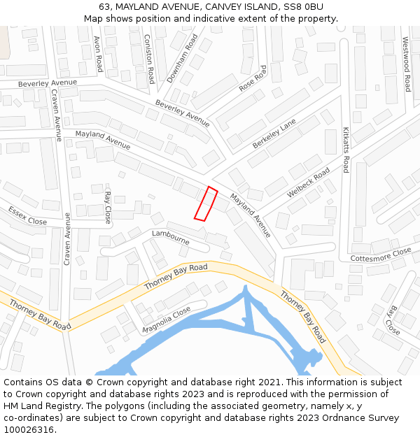 63, MAYLAND AVENUE, CANVEY ISLAND, SS8 0BU: Location map and indicative extent of plot