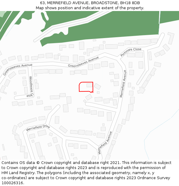 63, MERRIEFIELD AVENUE, BROADSTONE, BH18 8DB: Location map and indicative extent of plot