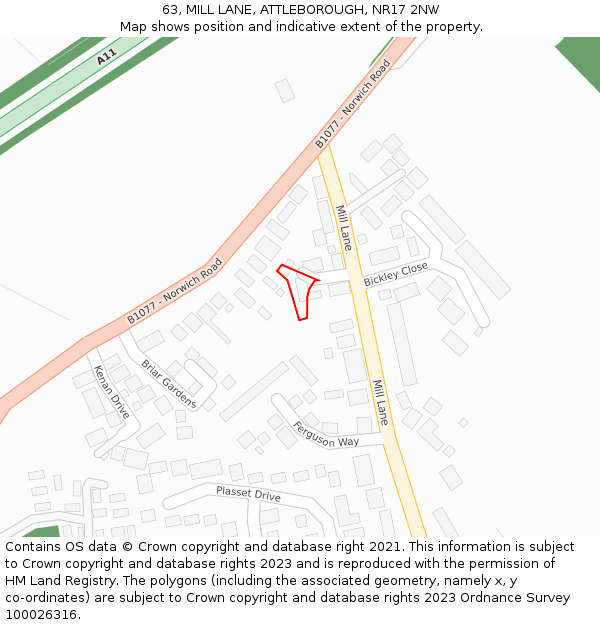 63, MILL LANE, ATTLEBOROUGH, NR17 2NW: Location map and indicative extent of plot