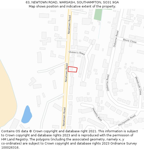 63, NEWTOWN ROAD, WARSASH, SOUTHAMPTON, SO31 9GA: Location map and indicative extent of plot