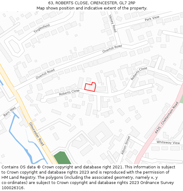 63, ROBERTS CLOSE, CIRENCESTER, GL7 2RP: Location map and indicative extent of plot