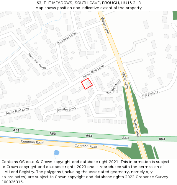 63, THE MEADOWS, SOUTH CAVE, BROUGH, HU15 2HR: Location map and indicative extent of plot