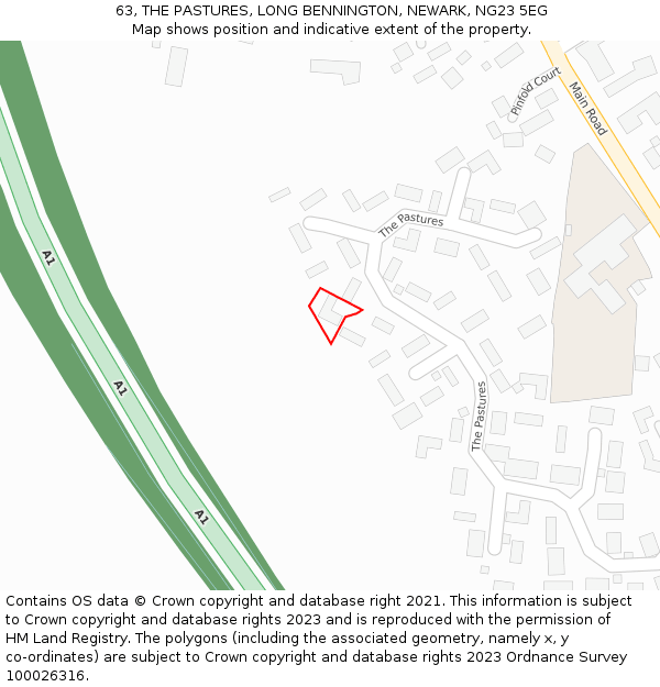 63, THE PASTURES, LONG BENNINGTON, NEWARK, NG23 5EG: Location map and indicative extent of plot